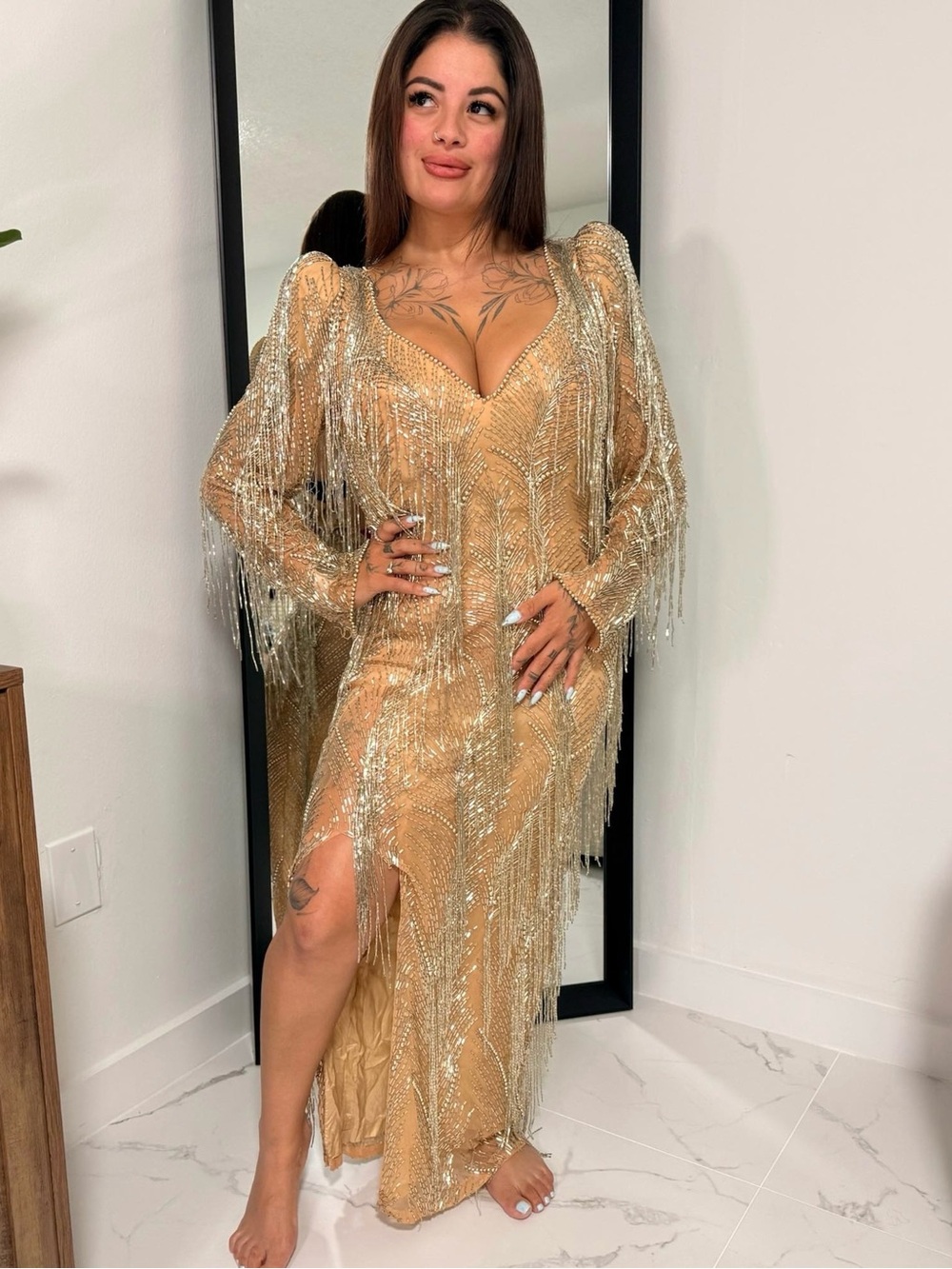RARE Vintage Claires Collection Gold Beaded Fringe Maxi Dress V-Neck Long Sleeve